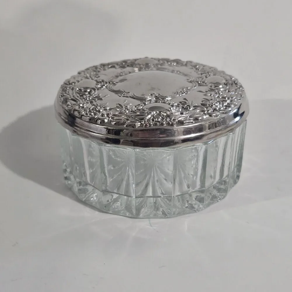 Vintage - Towle - Round Glass Dresser Jar Powder Box Plate Lid Mirror - Silver